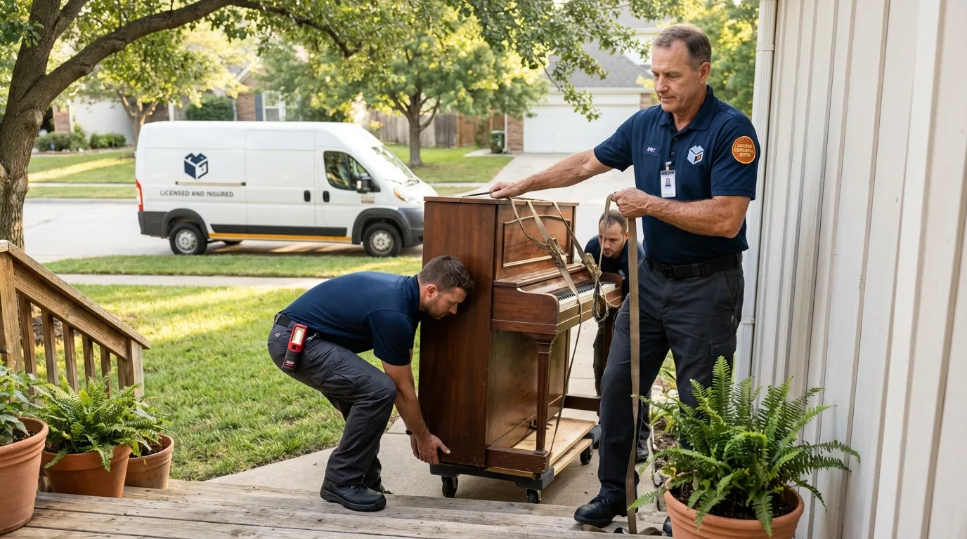 Licensed piano movers securing grand piano in Wayne, NE