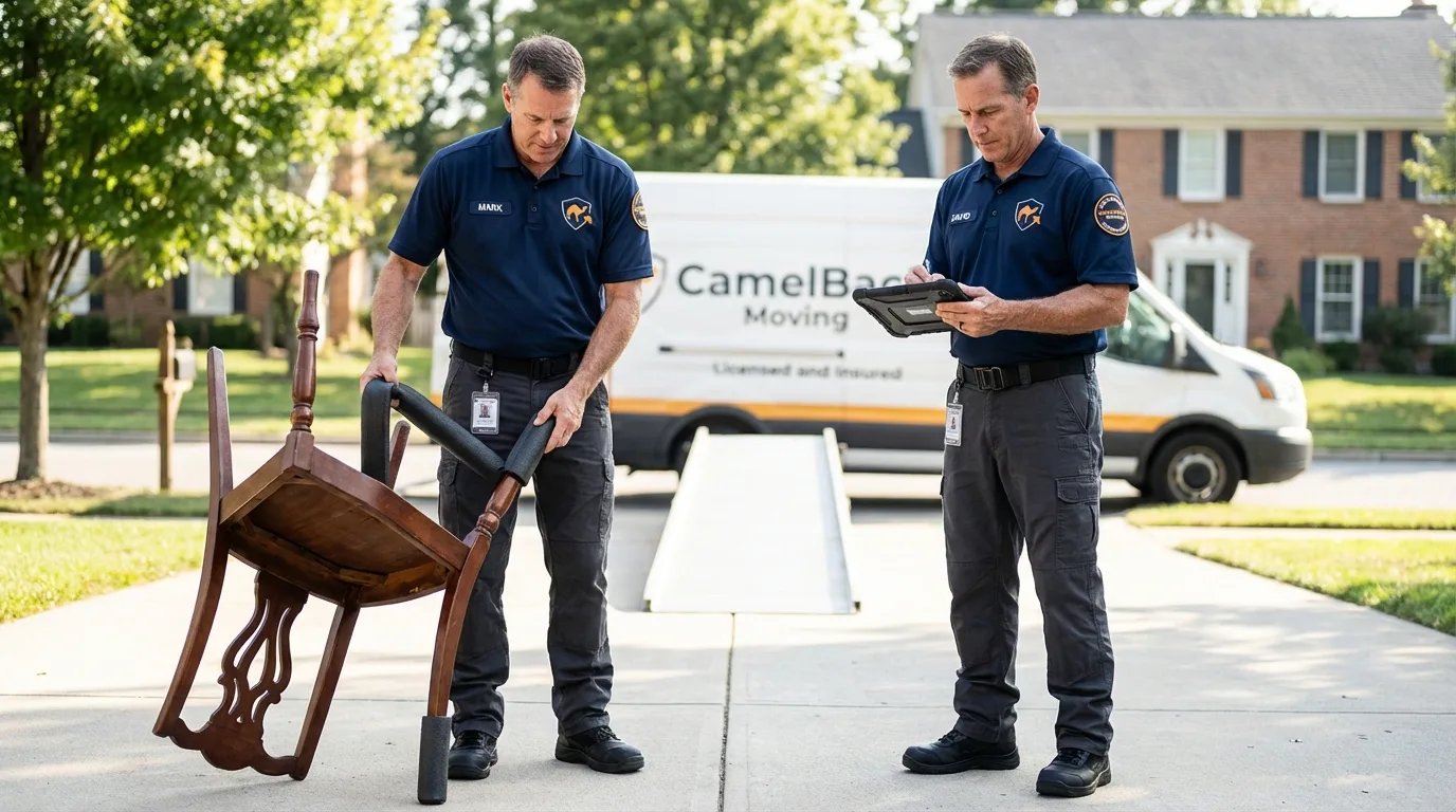 Movers inspecting furniture for damage prevention before loading in Wayne, NE