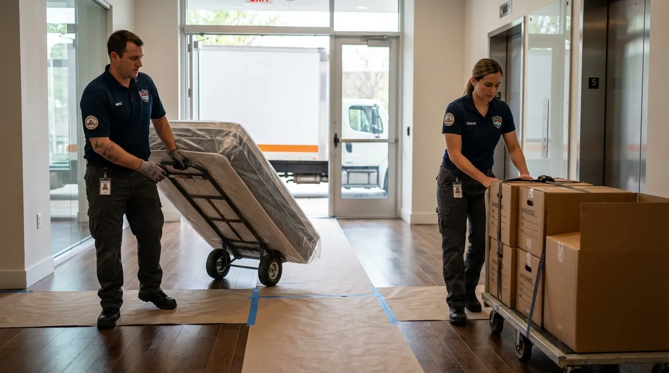 Professional apartment movers loading elevator in Wayne, NE